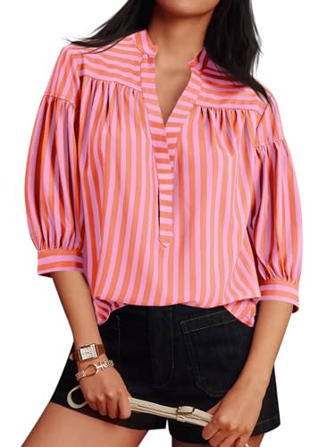 Tankaneo Womens Puff Sleeve Tops Striped Blouses Dressy Casual Mandarin Collar Shirt 3/4 Sleeve T... | Amazon (US)