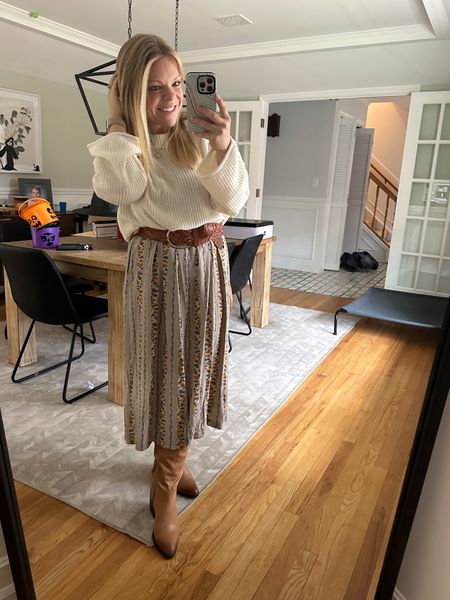The perfect fall and winter sweater! I love buying a new cream sweater every year because I end up wearing them with everything 😍 this one is from Target and I have it paired with a vintage maxi dress, knee high boots and a think leather belt to tuck the sweater! 

#LTKHolidaySale #LTKSeasonal #LTKstyletip