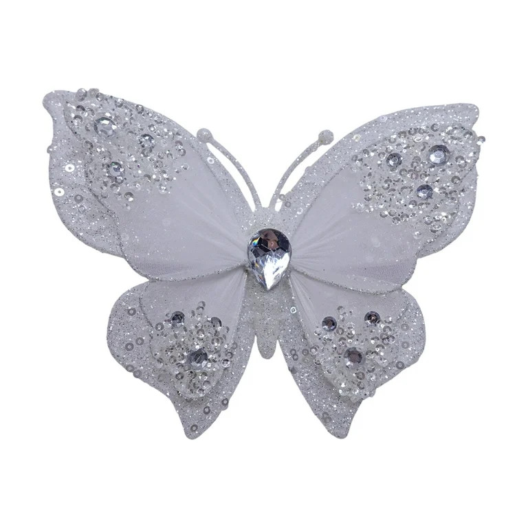 Holiday Time White Glitter/ Sequins Butterfly With Gem Stones Christmas Decorative Clip On Orname... | Walmart (US)