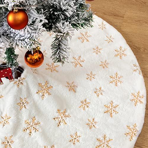 joybest Christmas Tree Skirt 48 Inches, Faux Fur Tree Skirts with Sequin Golden Snowflakes for Chris | Amazon (US)