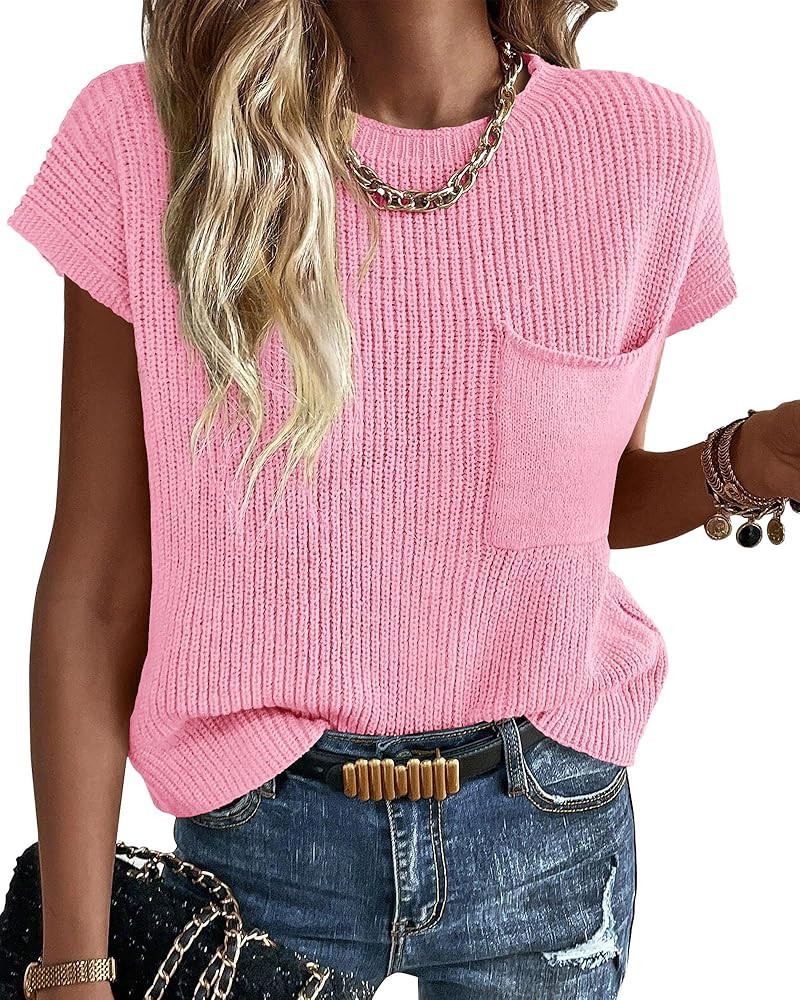 KIRUNDO Spring Summer Short Sleeve Sweater for Women 2026 Casual Sweater Vest Cotton Knit Pullove... | Amazon (US)