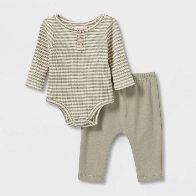 Grayson Collective Baby 2pc Striped Thermal Henley Bodysuit & Bottom Set - Sage Green | Target