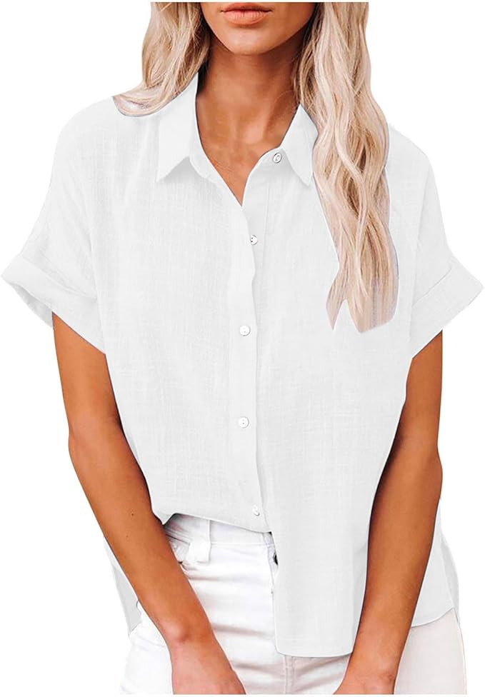 Lastesso Linen Shirts for Women Button Up Cotton Short Sleeve Blouses Casual Collared Loose Shirt... | Amazon (US)