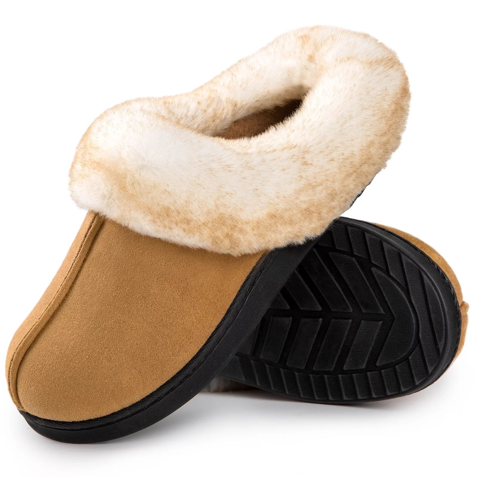 HomeTop Women's Classic Suede Memory Foam Slippers Durable Sole with Warm Faux Fur Collar - Walma... | Walmart (US)