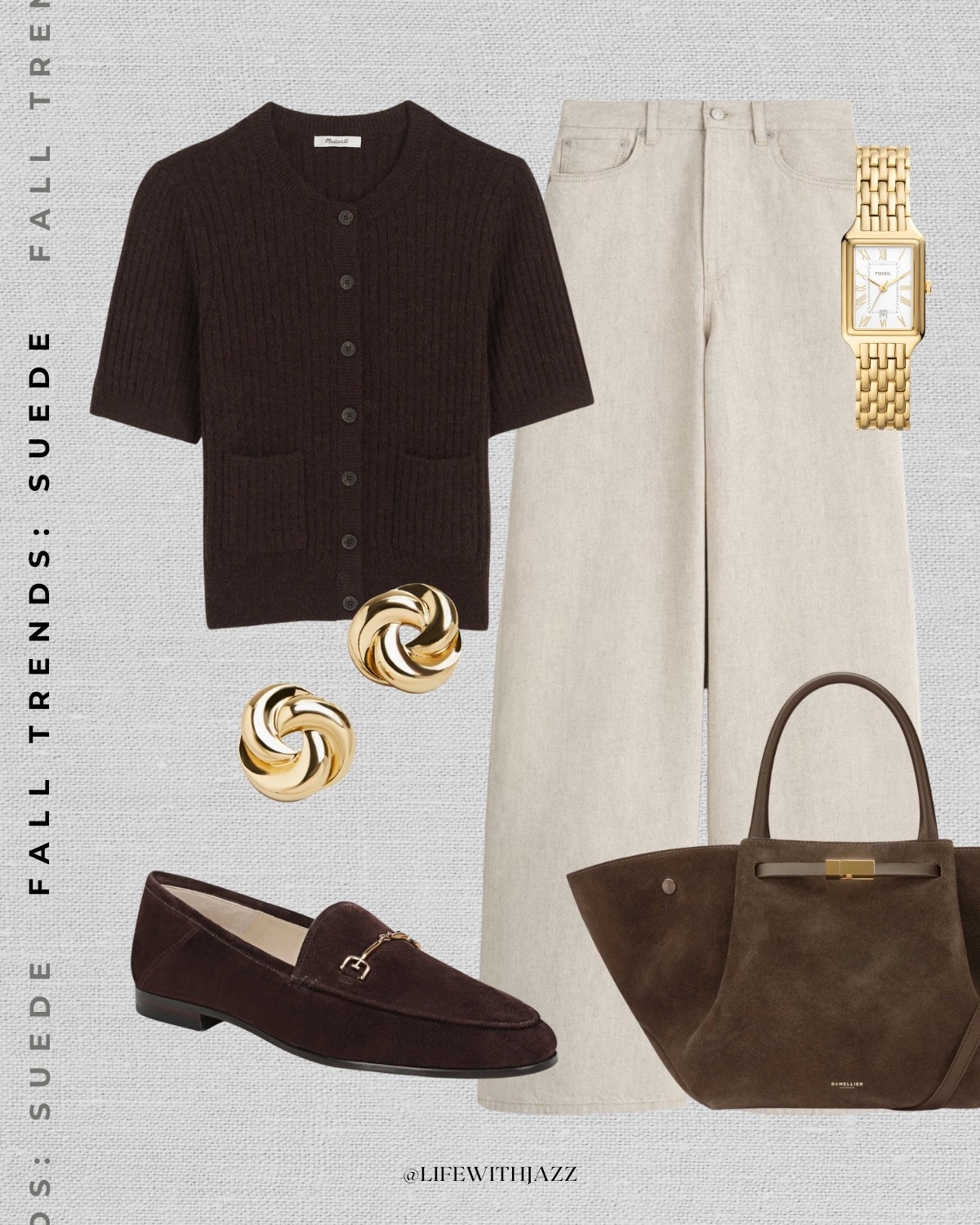 Fall outfit styling suede 

Elevated style / fall outfit inspo / beige wide leg jeans / brown short sleeve top / suede loafers / Demellier tote / gold watch 

#LTKStyleTip