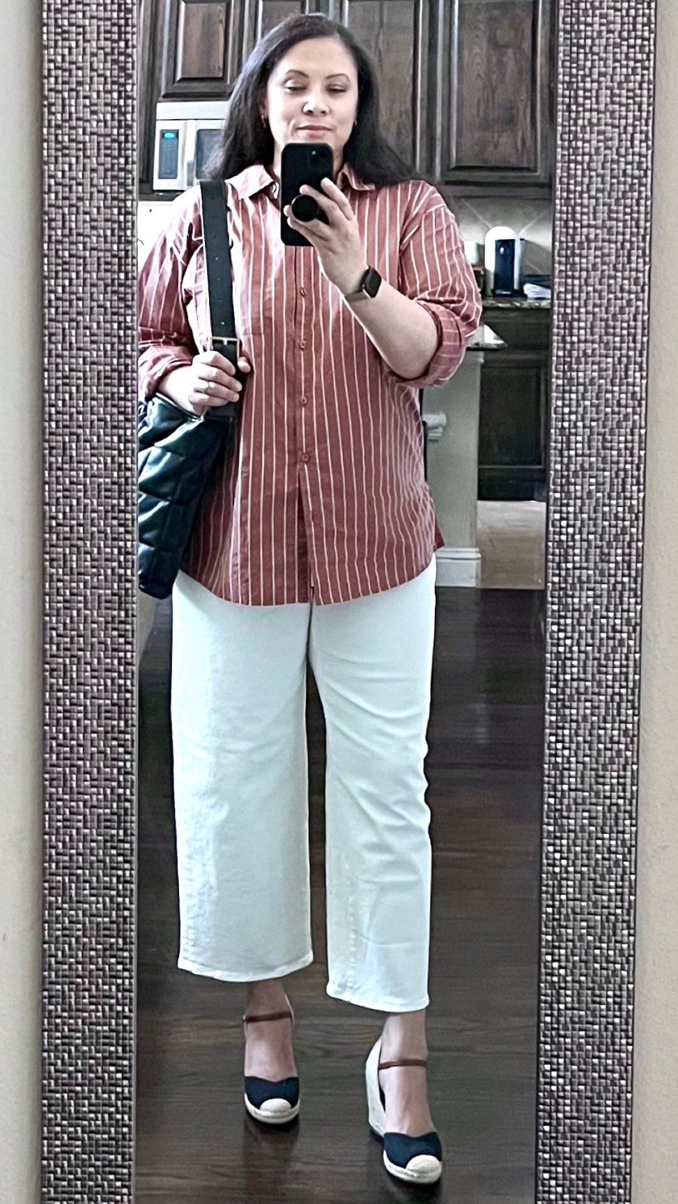 Casual chic outfit. Button-down shirt, Madewell perfect vintage wide leg crop jean, Loft espadrilles, AllSaints Edbury (no longer available-linked similar).

#LTKMidsize #LTKSeasonal #LTKxMadewell