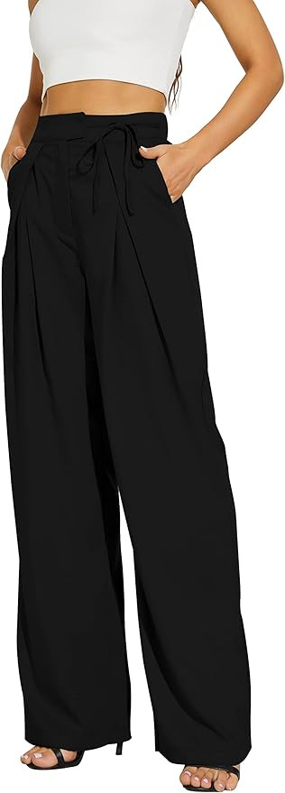 FUNYYZO Tie Belt Long Straight Pants for Women Casual Summer High Waisted Suit Pants Solid Trouse... | Amazon (US)