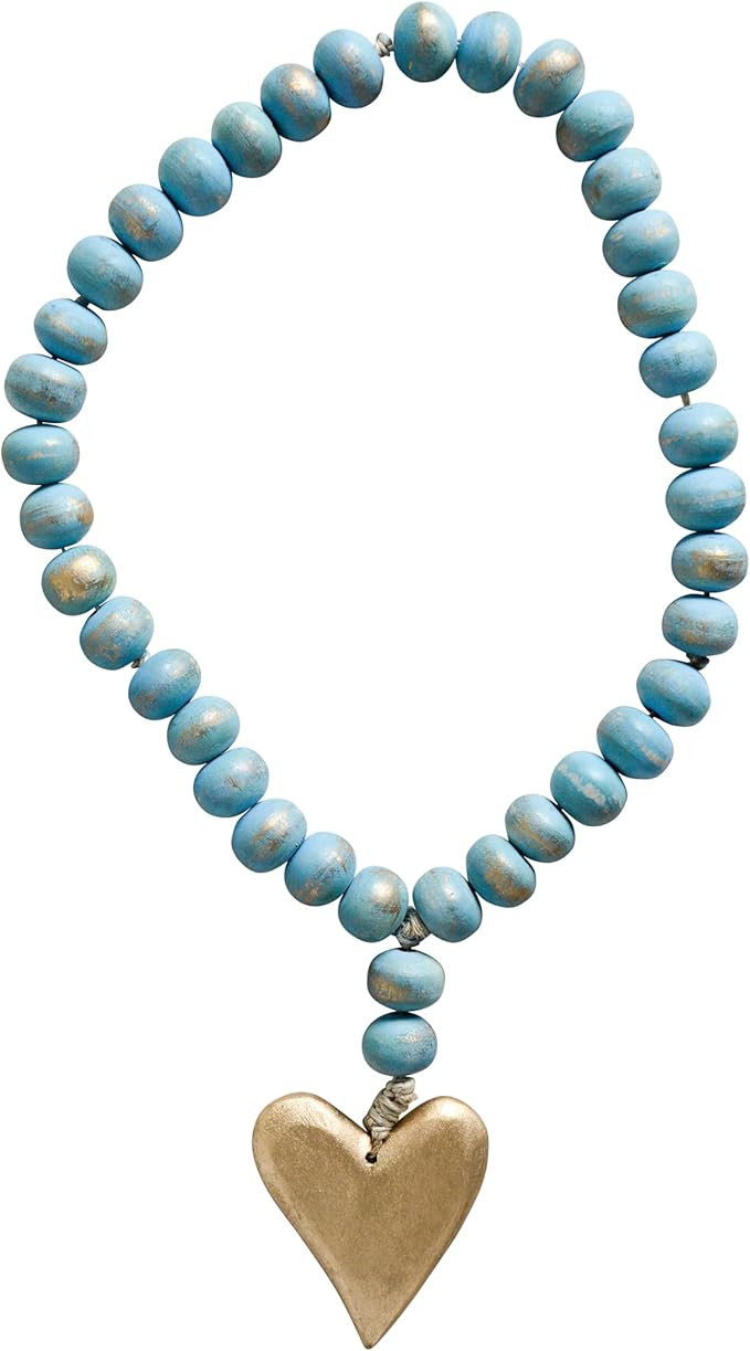 Creative Co-Op DA8805-1 Aqua Mango Wood Bead Strand with Gold Heart Pendant | Amazon (US)