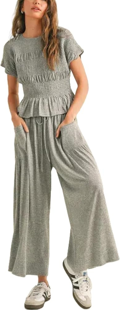 Womens 2 Piece Smocked Top Wide-Leg Pants Set High-Waisted Lounge Outfit with Pockets Casual Boho... | Amazon (US)