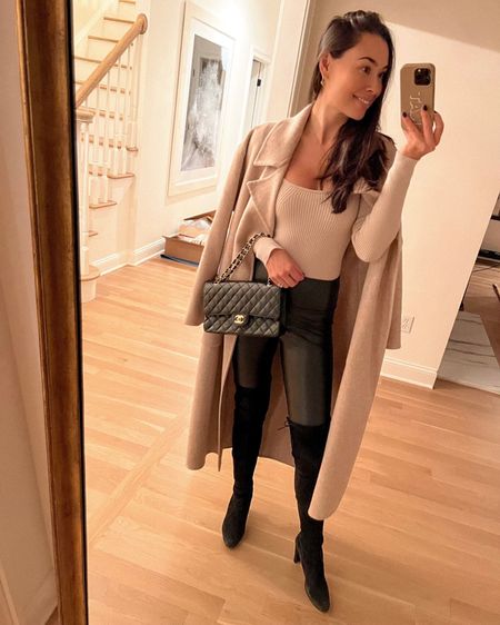 Kat Jamieson of With Love From Kat wears a fall outfit. Black boots, camel coat, black leather leggings, neutral style, fall style.

#LTKstyletip #LTKSeasonal
