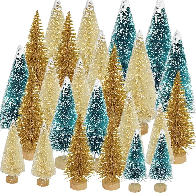 24Pcs Bottle Brush Trees Christmas Decor, Gold Green White Mini Christmas Tree with Wooden Base, ... | Amazon (US)