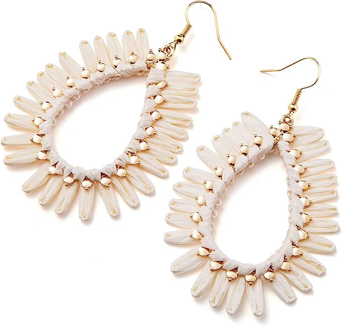 Boho Raffia Teardrop Earrings for Women - Handmake Statement Raffia Dangle Earrings, Summer Beach... | Amazon (US)