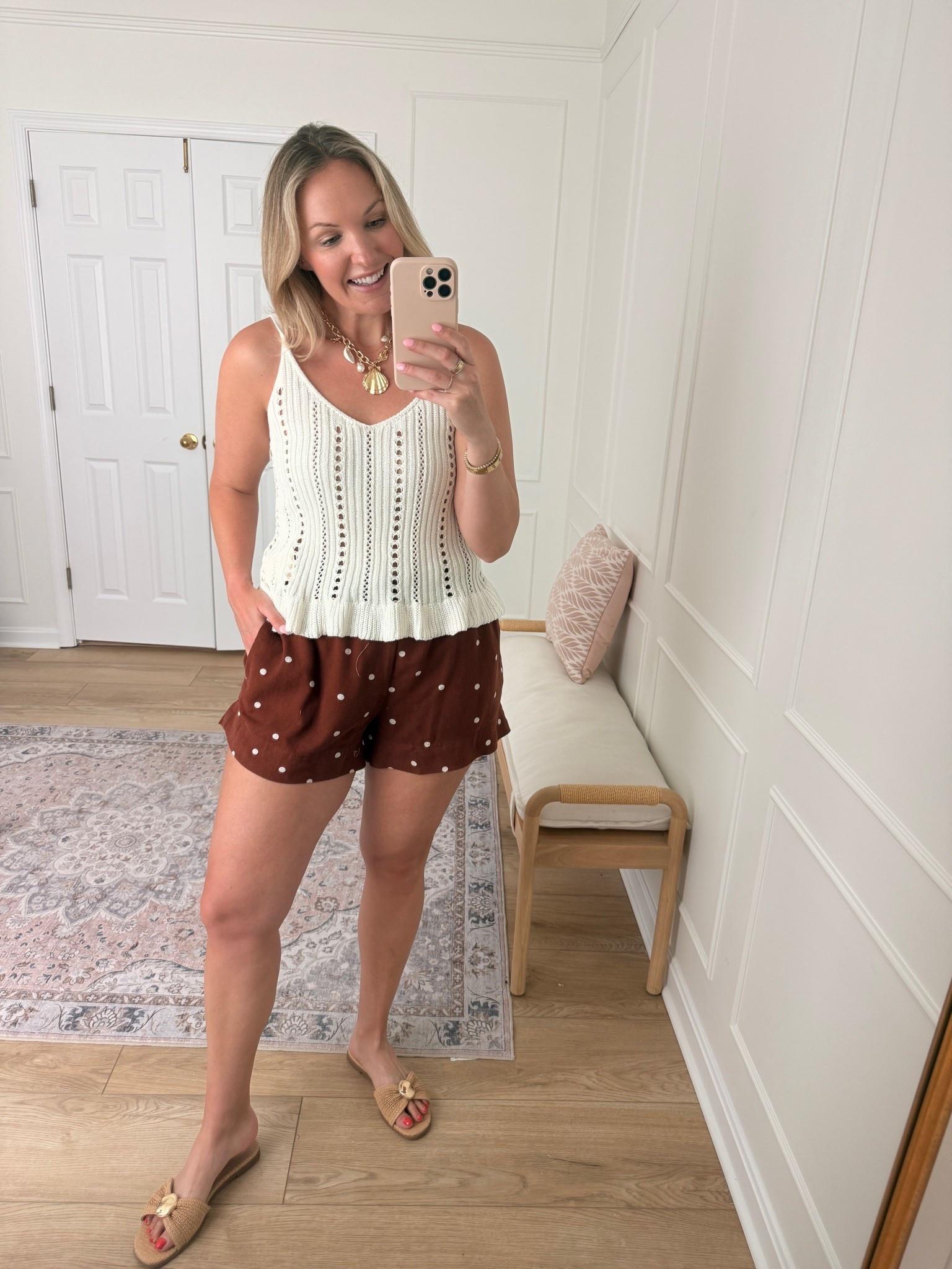 Casual summer outfit - vacation outfit - med top and large pull on shorts