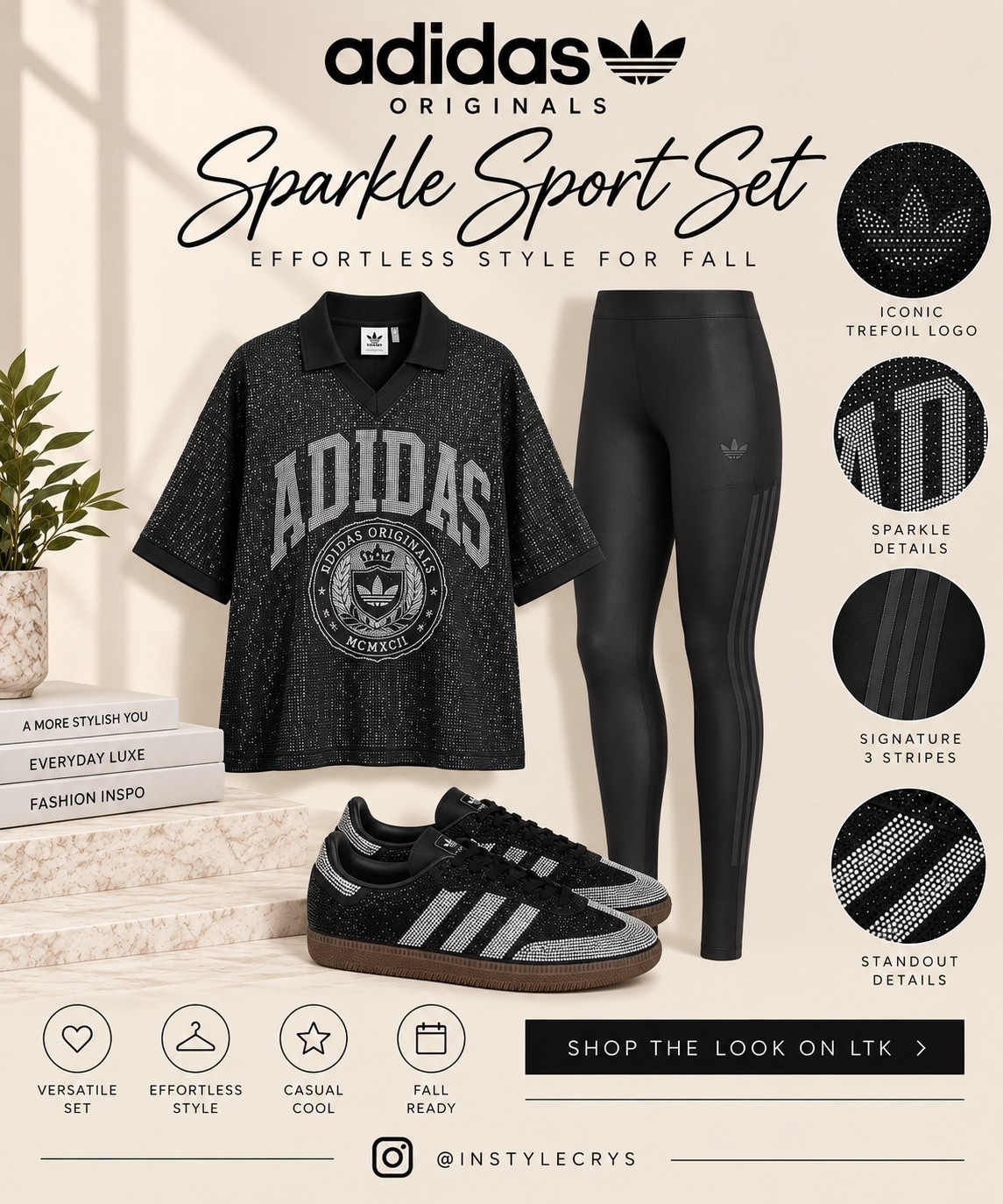 Rhinestone details take this all-black @adidas look to the next level. Styled the adidas sequin jersey with sleek 3-Stripes sheer leggings and crystal-embellished Sambas for an effortless sporty-chic fall fit.

#ltkstyle #outfitinspo #styleedit

#LTKootd