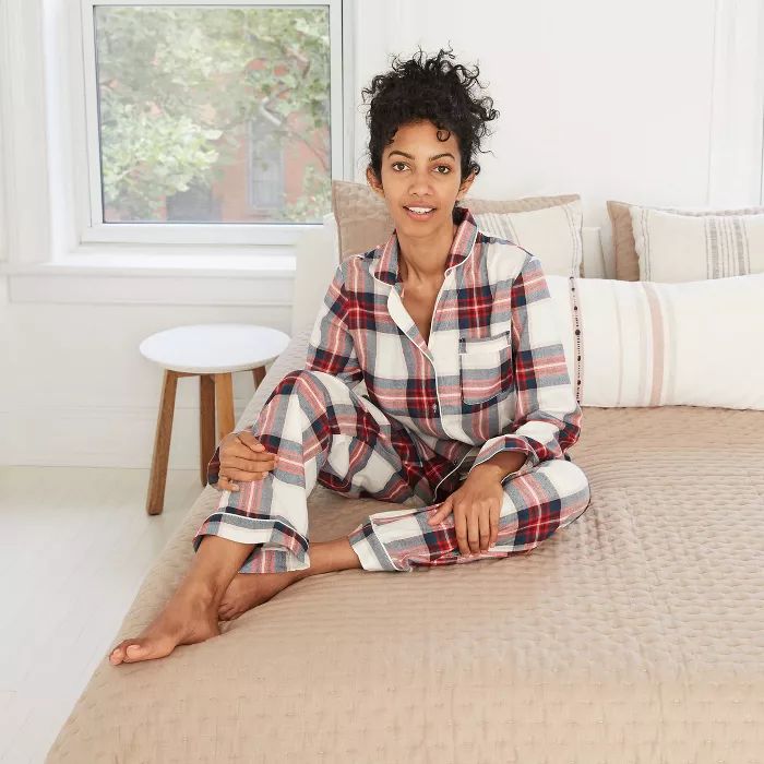 Women's Plaid Perfectly Cozy Flannel Long Sleeve Notch Collar Top and Pants Pajama Set - Stars Ab... | Target