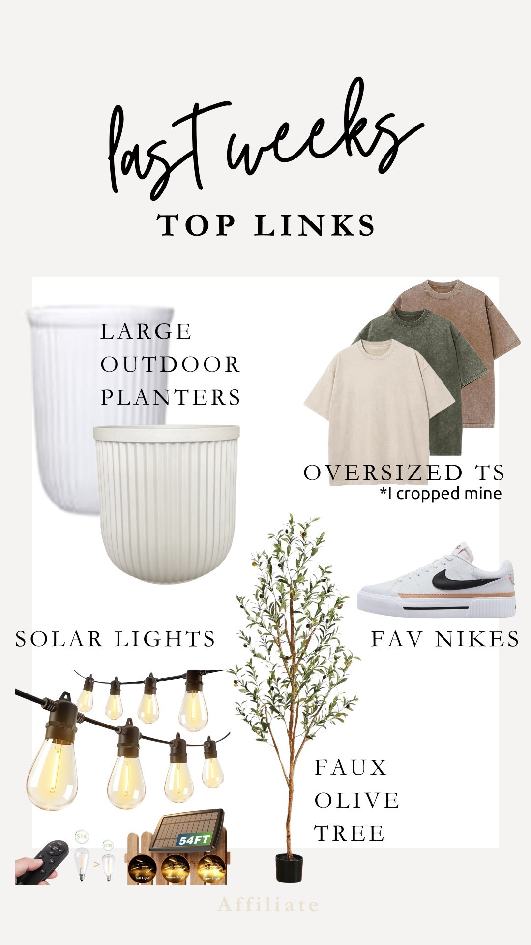Here’s a round up of my top links from last week! The large planter pots are gorgeous along with the solar lights… Both add so much impact to a space. 

Plus, I’m loving the oversized Ts and Nikes for casual spring fit while the weather still isn’t sure what to do 😆 I cropped my oversized T-shirts, but totally not necessary. The material is just perfect for these! 

And this faux olive tree comes in so many sizes. I purchased an oversized planter and have this by my front door, and this has been a top seller for over a year now. I love it! 
