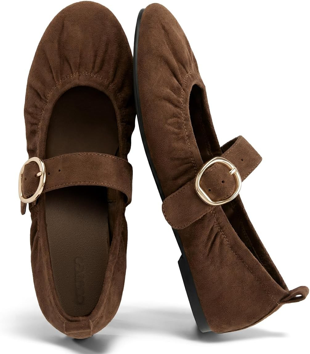 Coutgo Womens Ballet Flats Ruched Round Toe Mary Jane Flats Comfortable Slip On Dressy Shoes | Amazon (US)