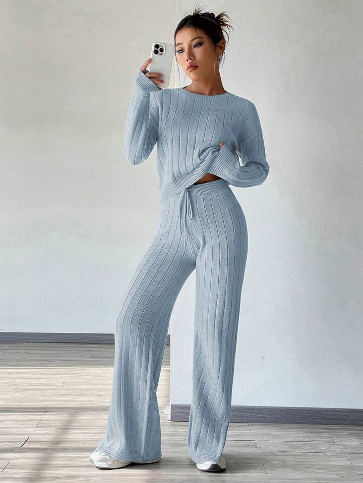 Women's Versatile Fashionable Solid Color Ribbed Knit Sweater And Pants Set | SHEIN