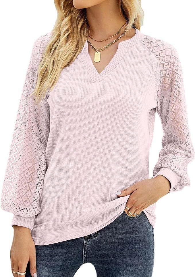 Women's Long Sleeve Tops Lace Sleeve Loose Casual Spring V Neck Waffle Knit Tunic Blouse Henley S... | Amazon (US)