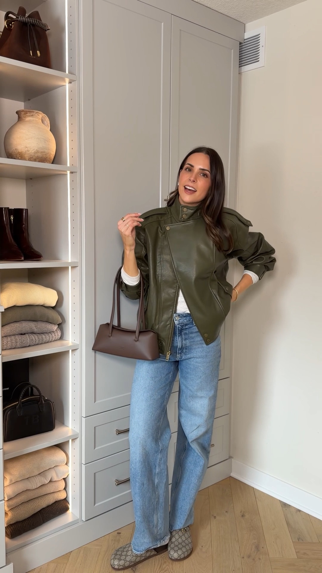 Ribbed long sleeve tee: true to size (S)
Olive vegan leather jacket: tts (S) relaxed fit 
Jeans: true to size (wearing 27) 
Gucci clogs: tts, size up for half sizes 

#LTKSeasonal #LTKstorytime #LTKootd