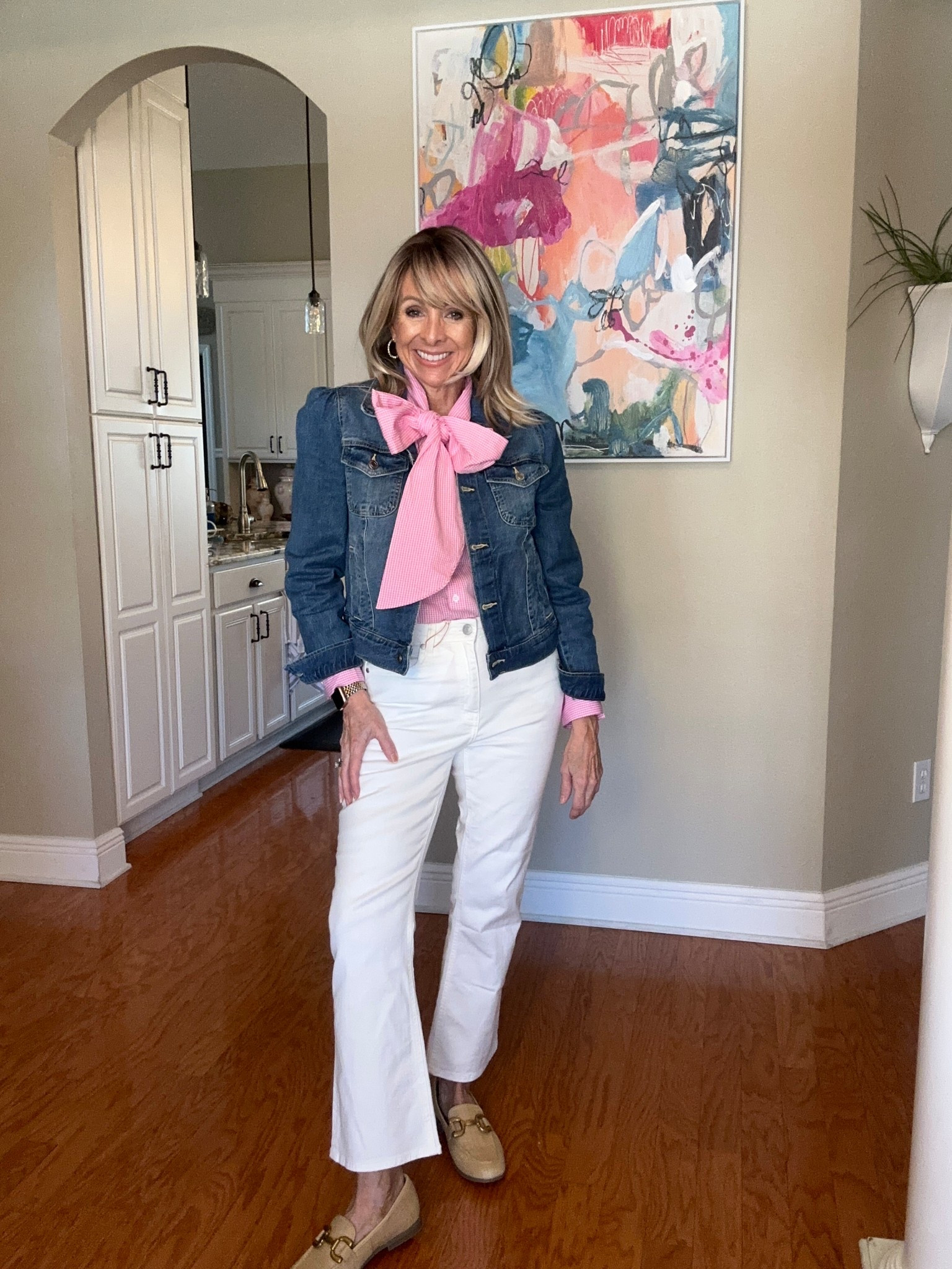 The denim jacket completes the look in my opinion. The cute bow blouse can be dressed up or down. Quince denim
and Walmart loafers are perfect for spring!

#LTKOver40 #LTKootd