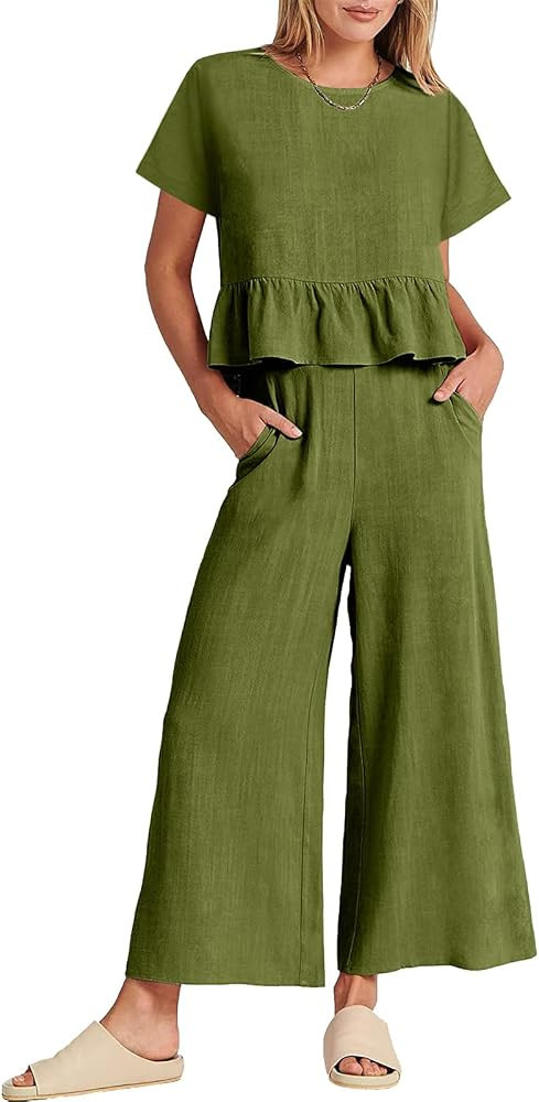 Women's 2 Piece Linen Outfits Wide Leg Palazzo Lounge Pants Short Sleeve Blouse Top Casual Summer... | Amazon (US)