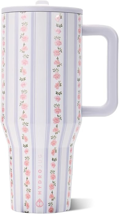HydroJug Traveler - 40 oz Water Bottle with Handle & Flip Straw - Fits in Cup Holder, Leak Resistant Tumbler-Reusable Insulated Stainless Steel & Rubber Base - Gifts for Women & Men, Primrose | Amazon (US)