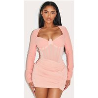 Shape Apricot Mesh Insert Corseted Ruched Side Mini Dress | PrettyLittleThing US