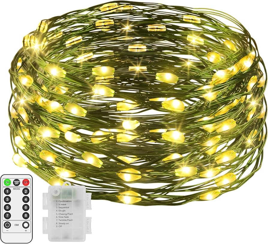 200 LED Fairy Lights Warm White Battery Operated, Twinkle Christmas Lights Green Wire with Remote... | Amazon (US)