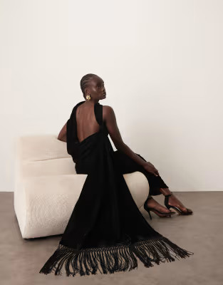 ARRANGE scarf neck draped velvet maxi dress with low back and train in black | ASOS (Global)