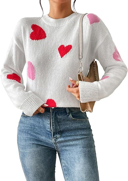 OYOANGLE Women's Cute Heart Printed Long Sleeve Round Neck Pullover Sweater Casual Jumper Tops | Amazon (US)