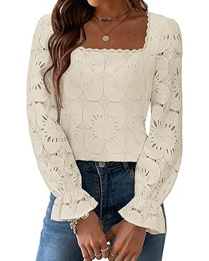 Blouses for Women Dressy Casual Eyelet Square Neck Long Sleeve Embroidered Lace Crochet Boho Tops... | Amazon (US)