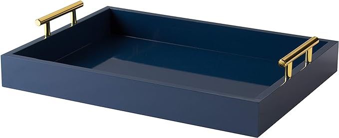 Kate and Laurel Lipton Decorative Tray with Polished Metal Handles, Navy Blue and Gold | Amazon (US)