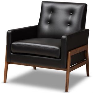 Bowery Hill Faux Leather Lounge Chair in Black and Walnut | Homesquare
