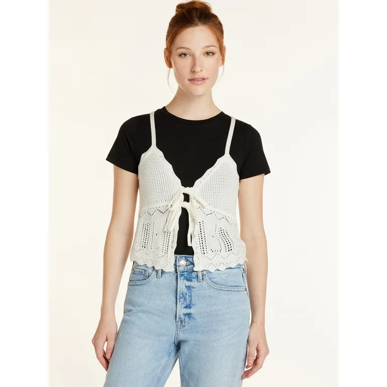 No Boundaries Juniors’ Tie Front Crochet Vest, Sizes XS-XXXL - Walmart.com | Walmart (US)