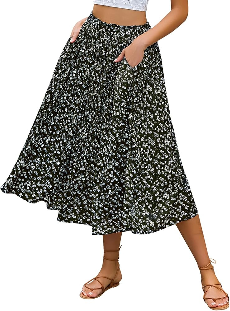 Zeagoo Women's Midi Skirts High Waisted Pleated A-Line Swing Skirts Summer Floral Long Skirts wit... | Amazon (US)