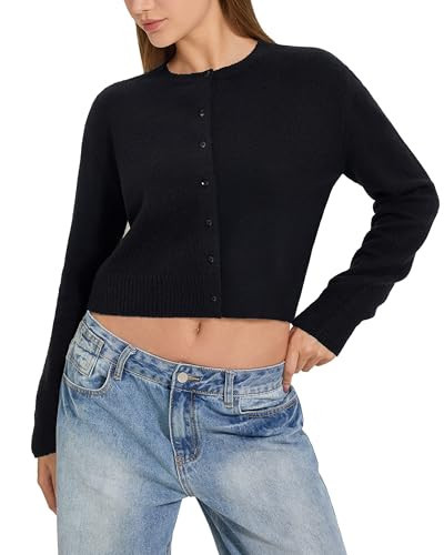 MOOSLOVER Women Cropped Cardigan Sweaters Long Sleeve Button Up Fall Fashion Knit Top Trendy Y2k Outfits(M,Black) | Amazon (US)