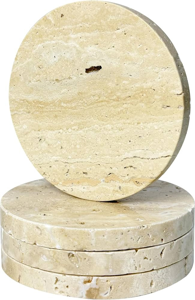 Travertine Marble Coasters Set of 4 Round, 4" Natural Stone Coasters for Drinks, Coffee, Tea, and... | Amazon (US)