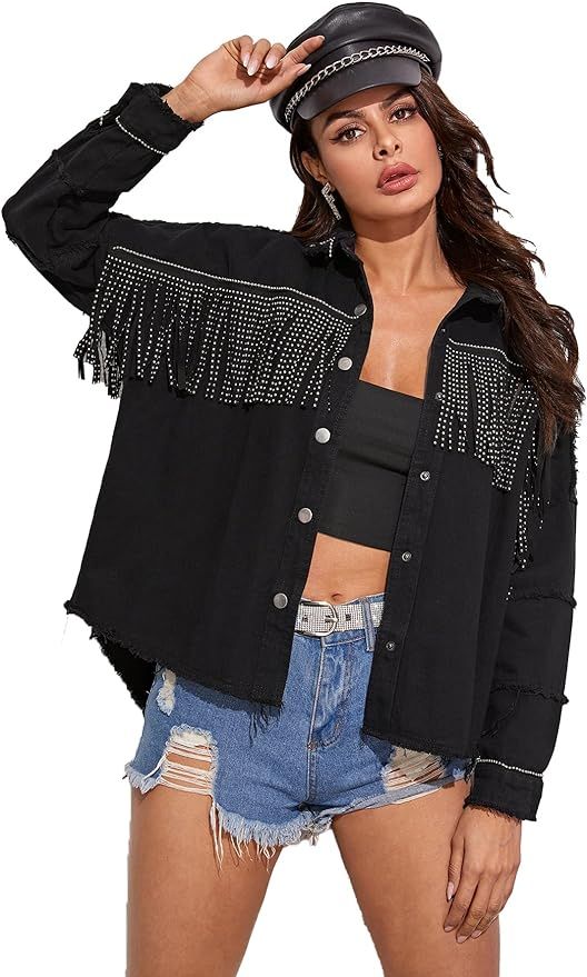 Verdusa Women's Fringe Tassel Raw Hem Button Down Long Sleeve Denim Jacket Coat | Amazon (US)