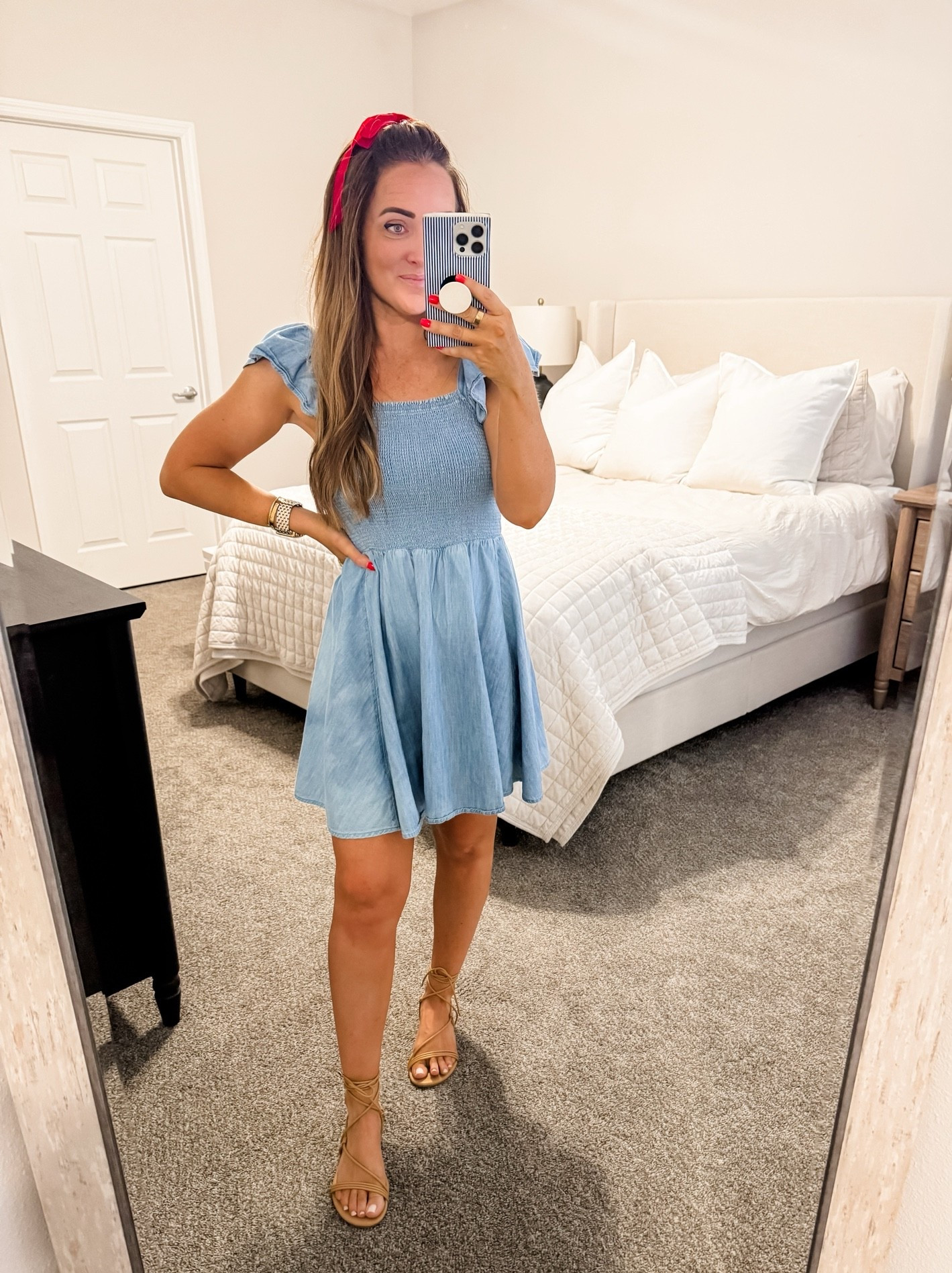 Dress - S (tts) 
5’2” 140 lbs 
—
Old Navy Dress | Chambray Dress | Poshmark find | Summer Dress | Fourth of July look | Patriotic look | Red White Blue | Tie sandals | Hair bow

#LTKWorkwear #LTKmomlife #LTKSeasonal