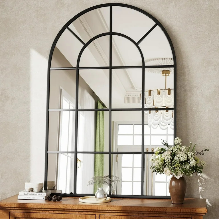 BEAUTYPEAK 36" x 24" Arched Windowpane Mirror Decor Wall Mirror, Black | Walmart (US)