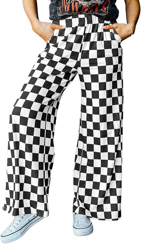 Wide Leg Checkered Pants Women High Waisted Checkerboard Lounge Pajama Bottoms Sweatpants Trouser... | Amazon (CA)