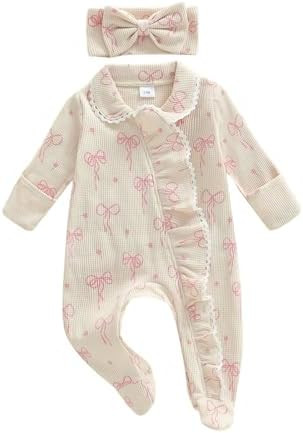 Newborn Baby Girl Fall Winter Outfits Clothes Knit Jumpsuit Ruffle Romper Newborn Coming Home Out... | Amazon (US)
