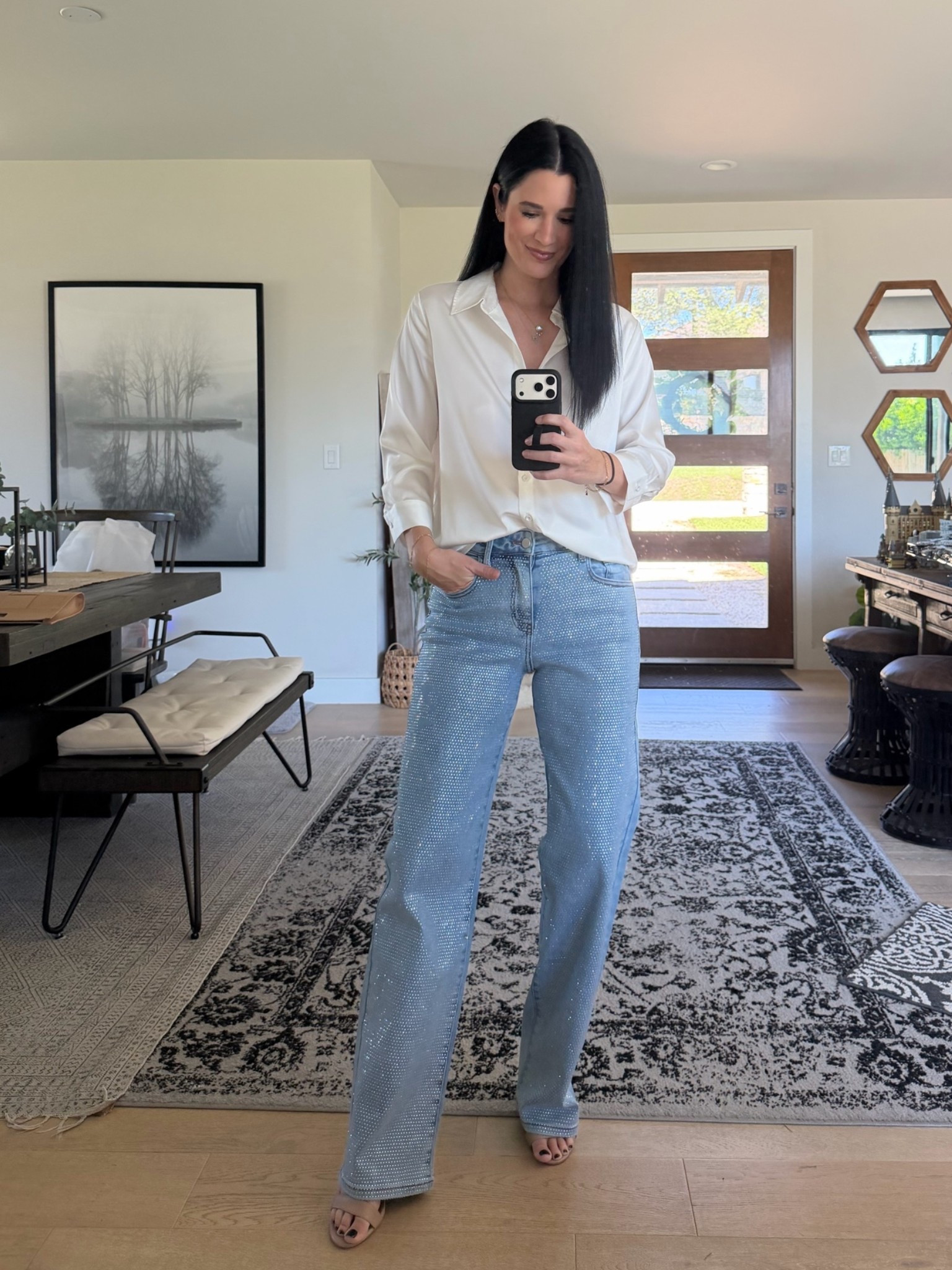 My @thenolishop  button down and embellished denim are both up to 70% off with code INSIDER! 

I’m wearing a medium in the button down shirt and a size 27 in the denim. I’m 5’8” for reference.

#LTKTall #LTKOver40 #LTKSaleAlert