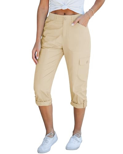 GRAPENT Cargo Pants Woman Summer Outfit Womens Chinos Pants Cargo Pants Women High Waisted Cargo Pants for Women High Waisted Plus Size Utility Light Weight Capris Color Beige X-Large Size 16 Size 18 | Amazon (US)