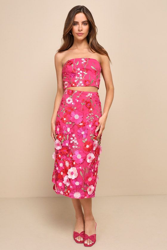 Gorgeous Mood Hot Pink 3D Floral Applique Two-Piece Midi Dress | Lulus