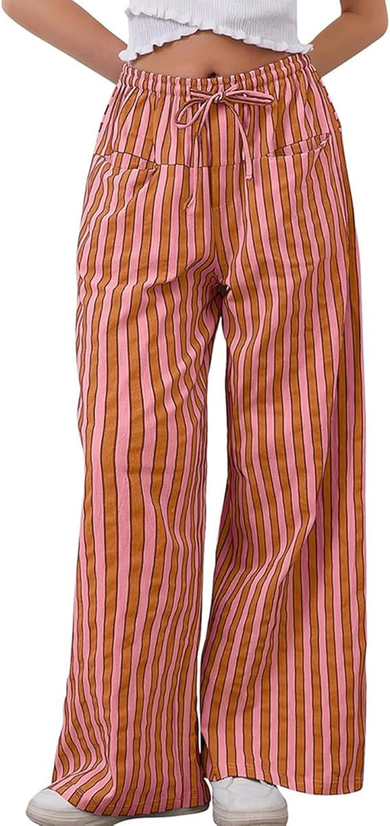 Women Striped Pajamas Pants Y2K Linen Baggy Wide Leg Lounge Pants Drawstrings Comfy Pjs Bottom wi... | Amazon (US)