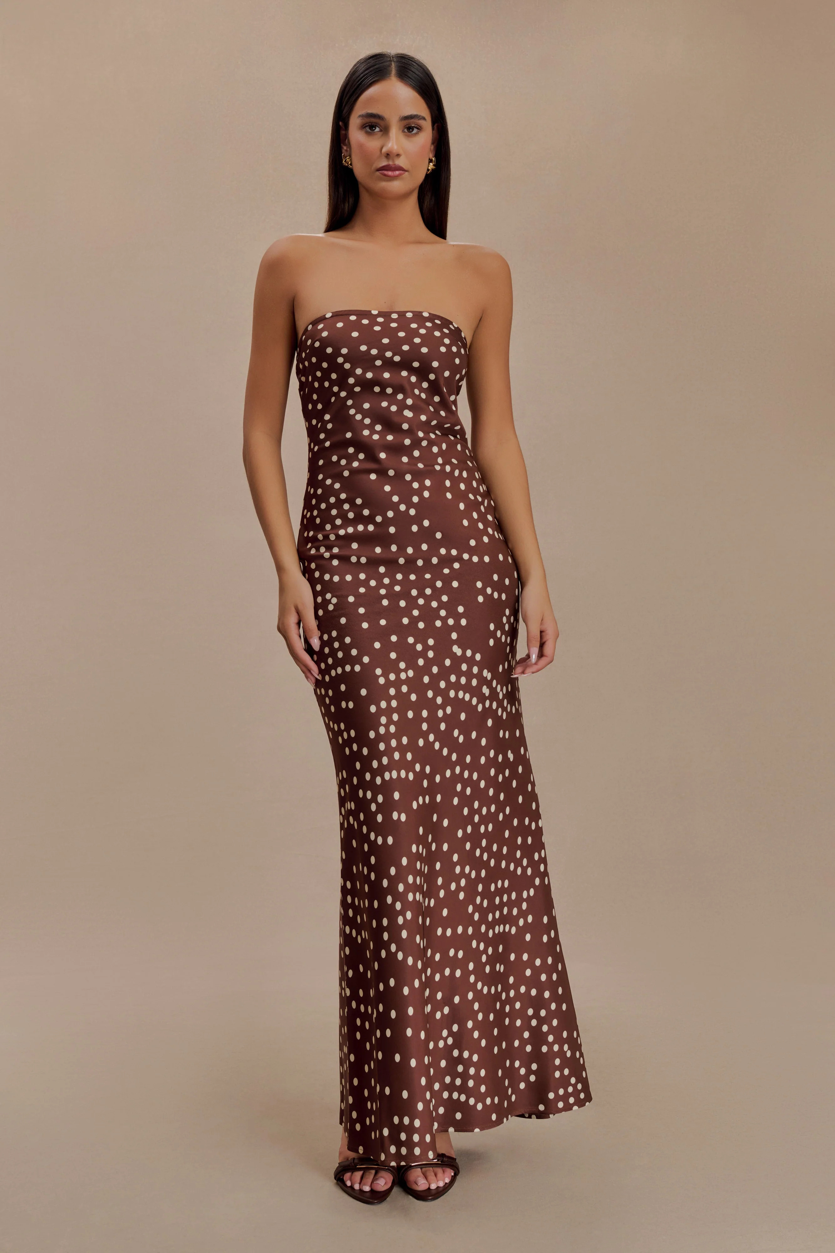 Claudette Strapless Satin Maxi Dress - Brown Polka Dot Print | MESHKI US