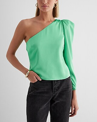 Satin One Shoulder Puff Sleeve Top | Express