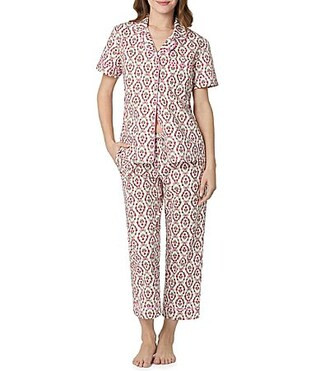 BedHead Floral Print Short Sleeve Notch Collar Organic Cotton Poplin Cropped Pajama Set - M | Dillard's